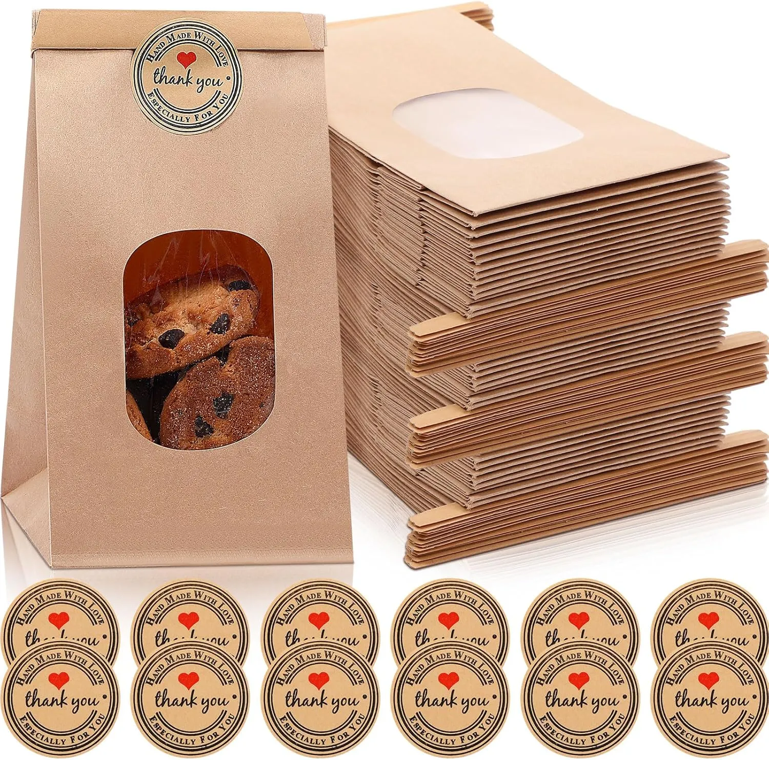 Tenceur 240 Set 3.54 x 2.36 x 6.7 Bakery Bags with Window and Stickers Bulk Paper Tin Tie Tab Lock Bags for Mom for Cookie Coffee Beans Popcorn Food Candy Gift Packaging Party(Brown)