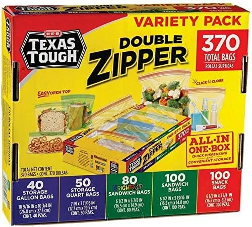 Texas Tough Storage Bag Variety 370 Bags Double Zipper Bags All in One Box Variety Food Bags Gallon Quart Sandwich Snack Size Combination
