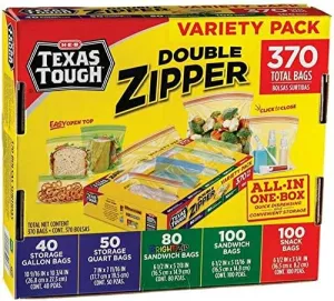Texas Tough Storage Bag Variety 370 Bags Double Zipper Bags All in One Box Variety Food Bags Gallon Quart Sandwich Snack Size Combination