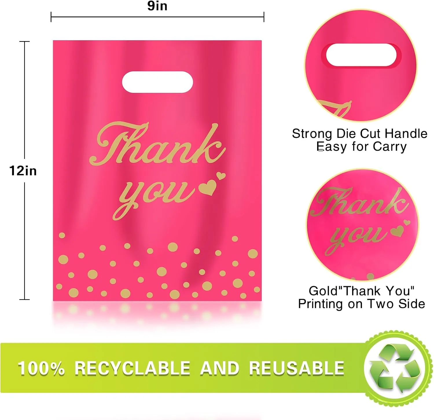 Thank You Bags for Business Small Shopping Bags 100 Pack, 9" x 12" Plastic Merchandise Gifts Bag for Packaging Products, Retail Boutique for Wholesale Clothes Stores, Polka Dot, Pink