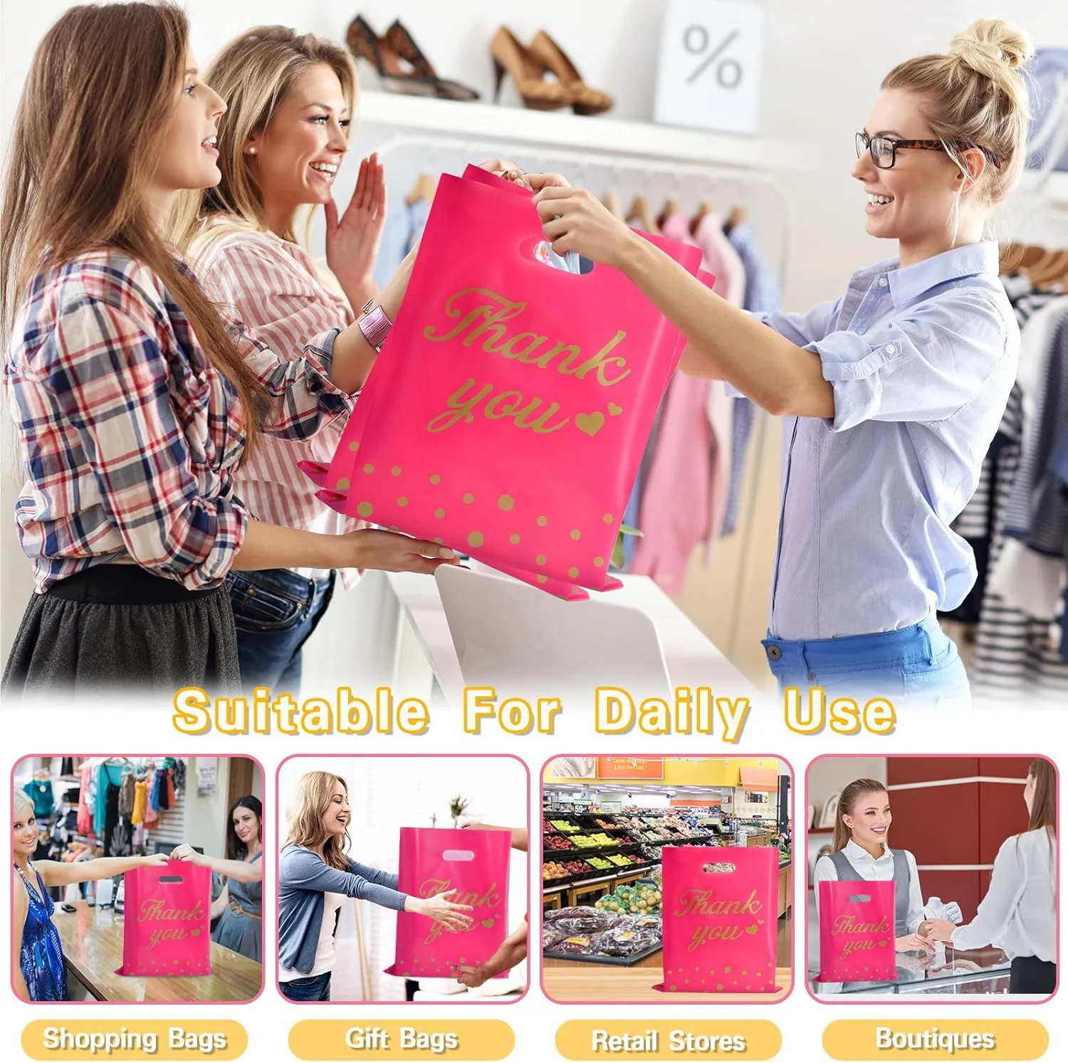 Thank You Bags for Business Small Shopping Bags 100 Pack, 9" x 12" Plastic Merchandise Gifts Bag for Packaging Products, Retail Boutique for Wholesale Clothes Stores, Polka Dot, Pink