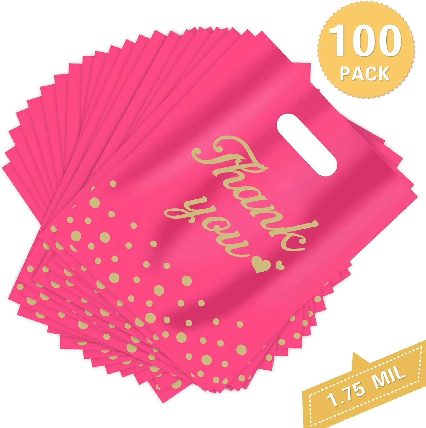 Thank You Bags for Business Small Shopping Bags 100 Pack, 9" x 12" Plastic Merchandise Gifts Bag for Packaging Products, Retail Boutique for Wholesale Clothes Stores, Polka Dot, Pink