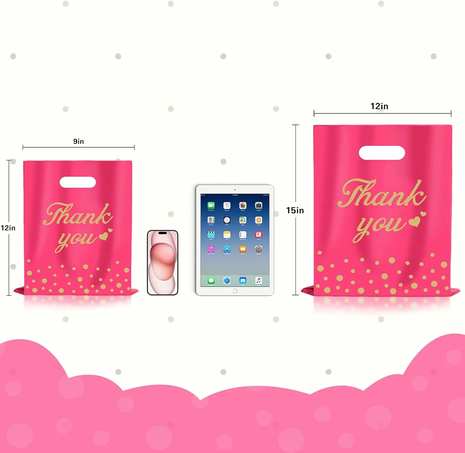 Thank You Bags for Business Small Shopping Bags 100 Pack, 9" x 12" Plastic Merchandise Gifts Bag for Packaging Products, Retail Boutique for Wholesale Clothes Stores, Polka Dot, Pink