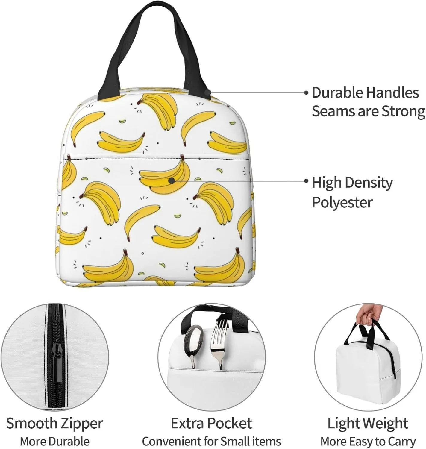 Time For Bananas Reusable Insulated Lunch Bag, 8.5in x 8in x 5in, Polyester, For Women and Men