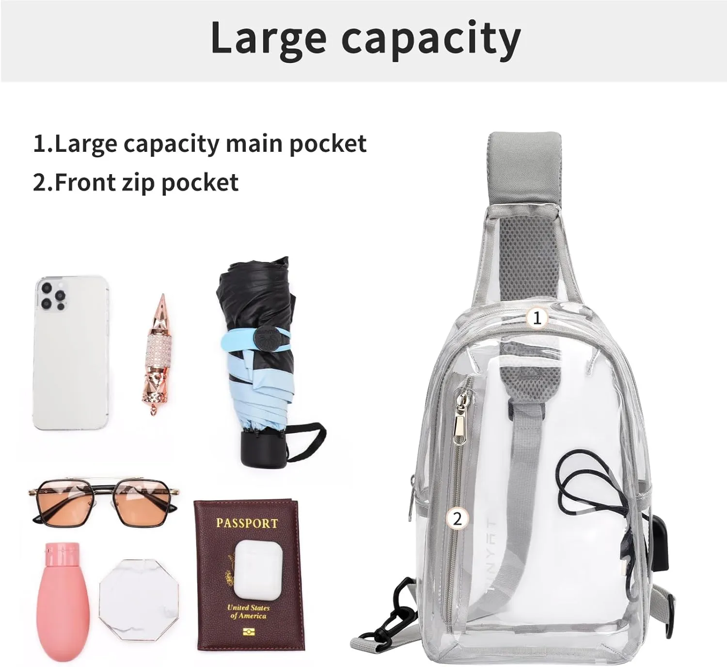 TINYAT Clear Sling Bag Stadium Approved Transparent Bag Crossbody Casual Shoulder Chest Bag for Men Women,T9060