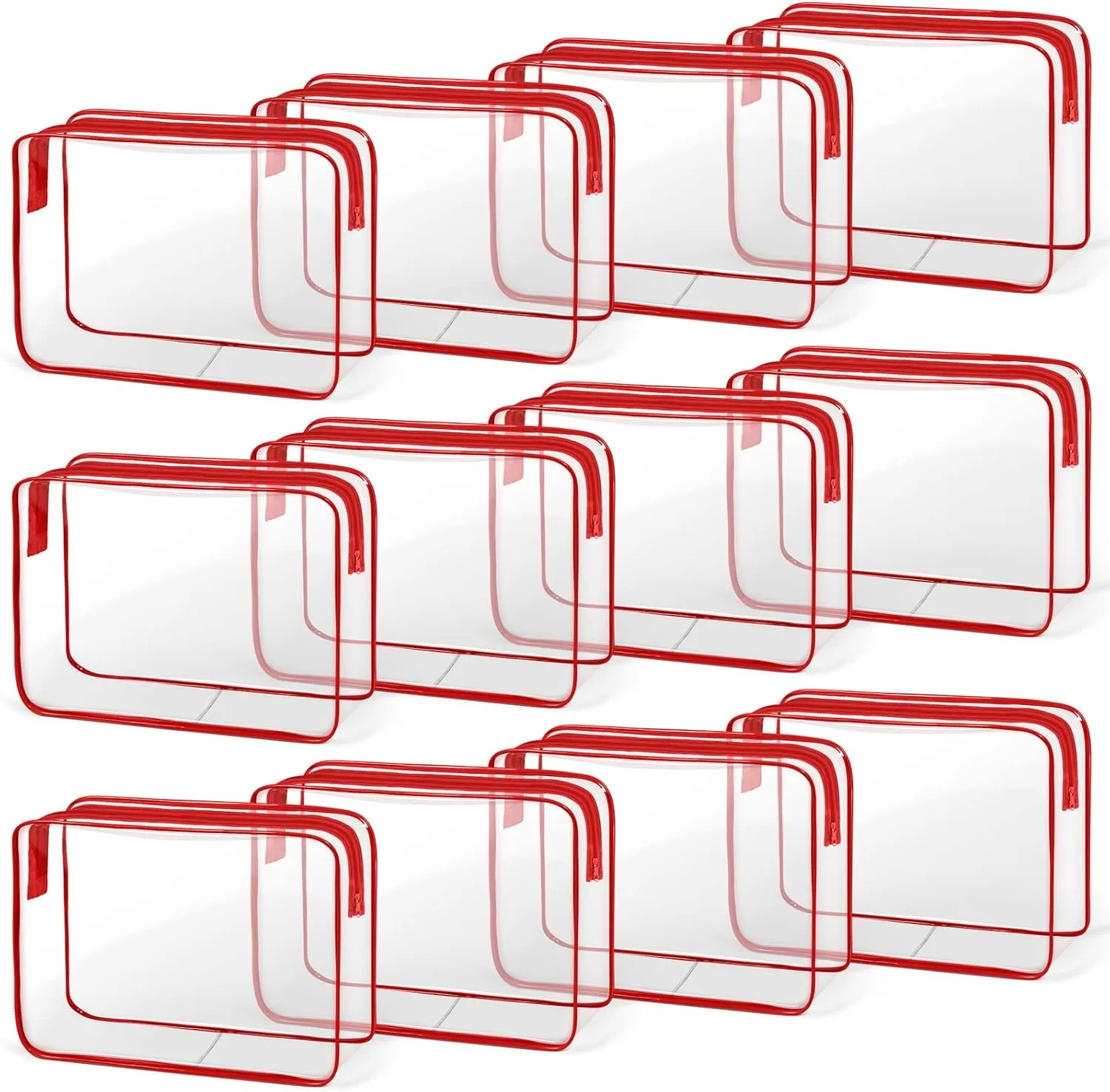 TISRATOK 12 PCS Clear Makeup Bag for Women with Zipper, TSA Approved Toiletry Pouch, Cosmetic Bag Bulk for Travel Organizer Essentials - Red, Large