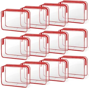 TISRATOK 12 PCS Clear Makeup Bag for Women with Zipper, TSA Approved Toiletry Pouch, Cosmetic Bag Bulk for Travel Organizer Essentials - Red, Large