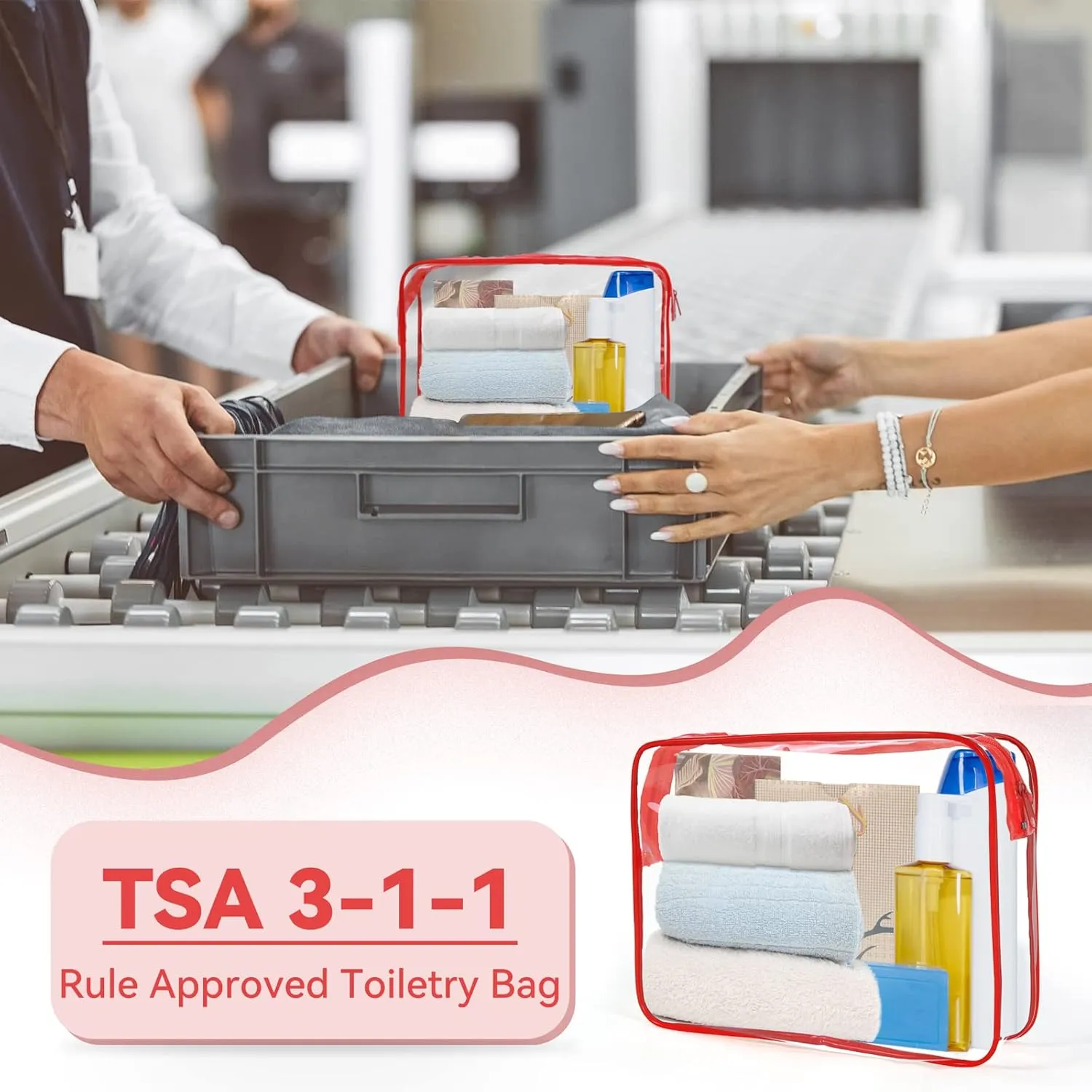TISRATOK 12 PCS Clear Makeup Bag for Women with Zipper, TSA Approved Toiletry Pouch, Cosmetic Bag Bulk for Travel Organizer Essentials - Red, Large