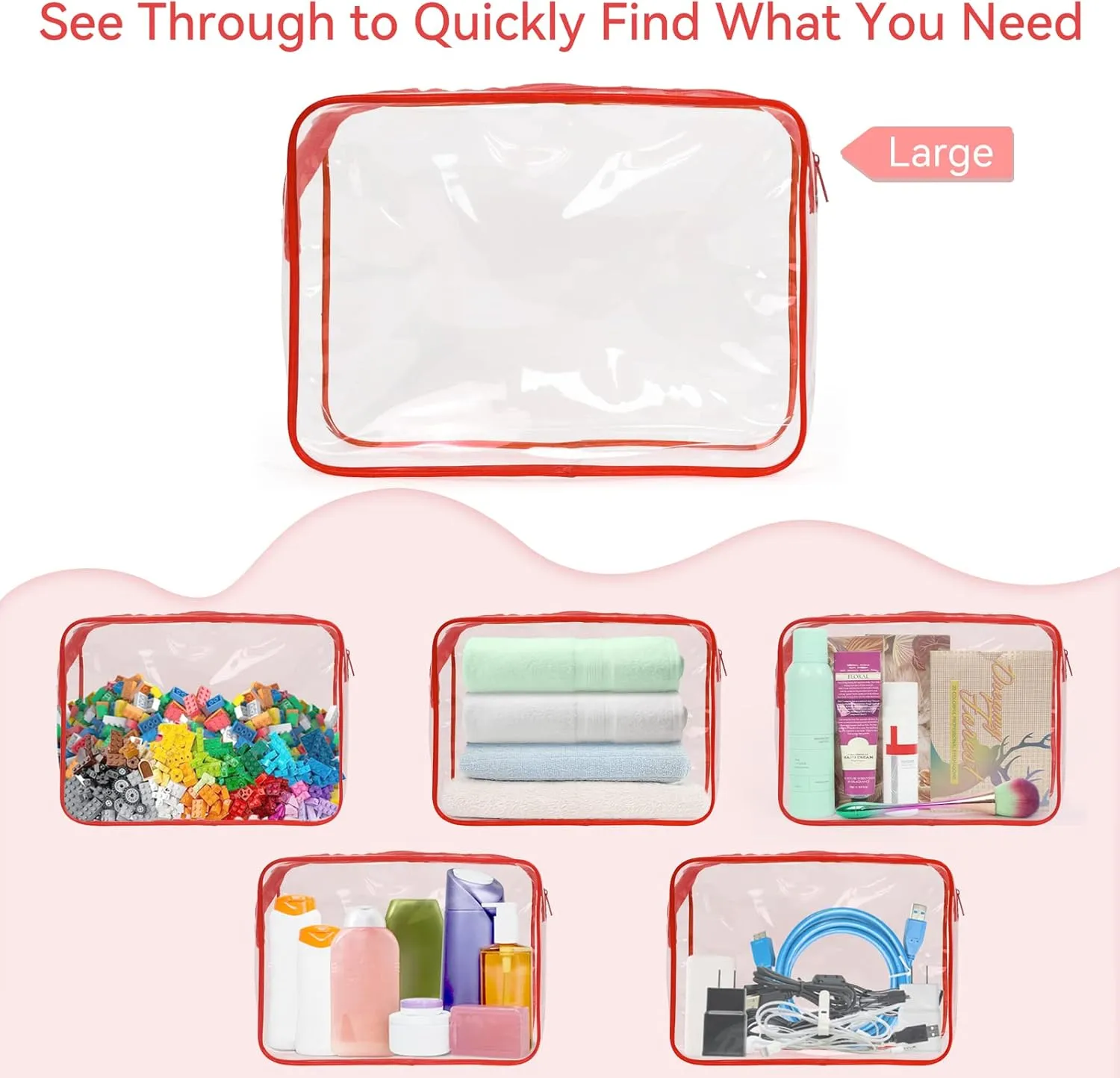 TISRATOK 12 PCS Clear Makeup Bag for Women with Zipper, TSA Approved Toiletry Pouch, Cosmetic Bag Bulk for Travel Organizer Essentials - Red, Large