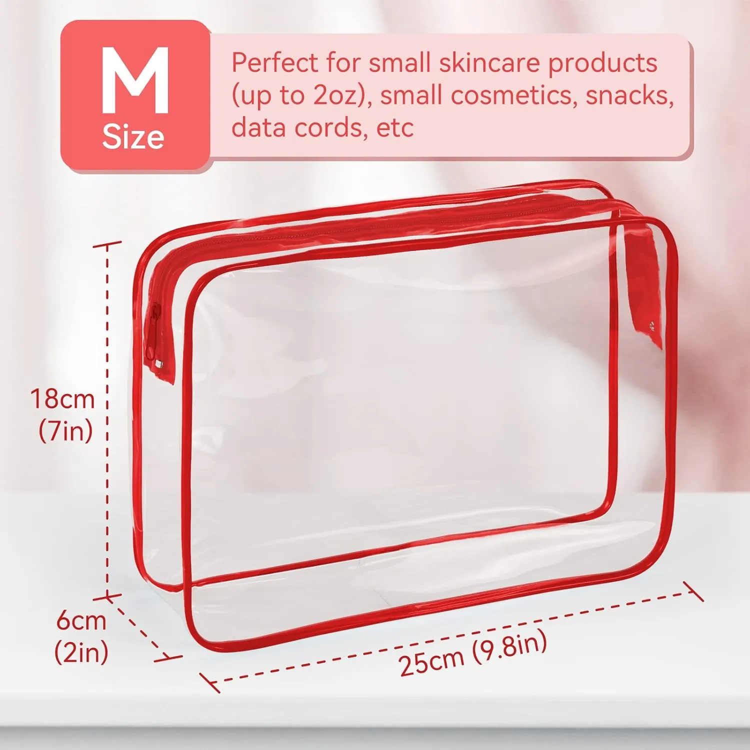 TISRATOK 12 PCS Clear Makeup Bag for Women with Zipper, TSA Approved Toiletry Pouch, Cosmetic Bag Bulk for Travel Organizer Essentials - Red, Large