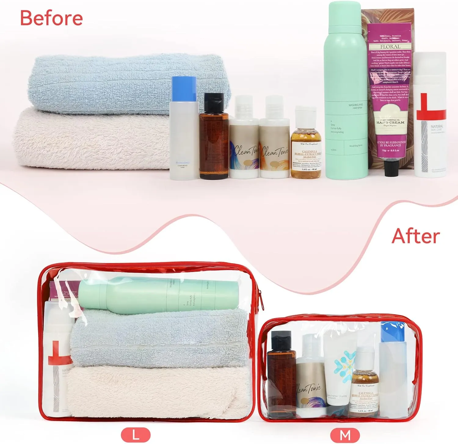 TISRATOK 12 PCS Clear Makeup Bag for Women with Zipper, TSA Approved Toiletry Pouch, Cosmetic Bag Bulk for Travel Organizer Essentials - Red, Large