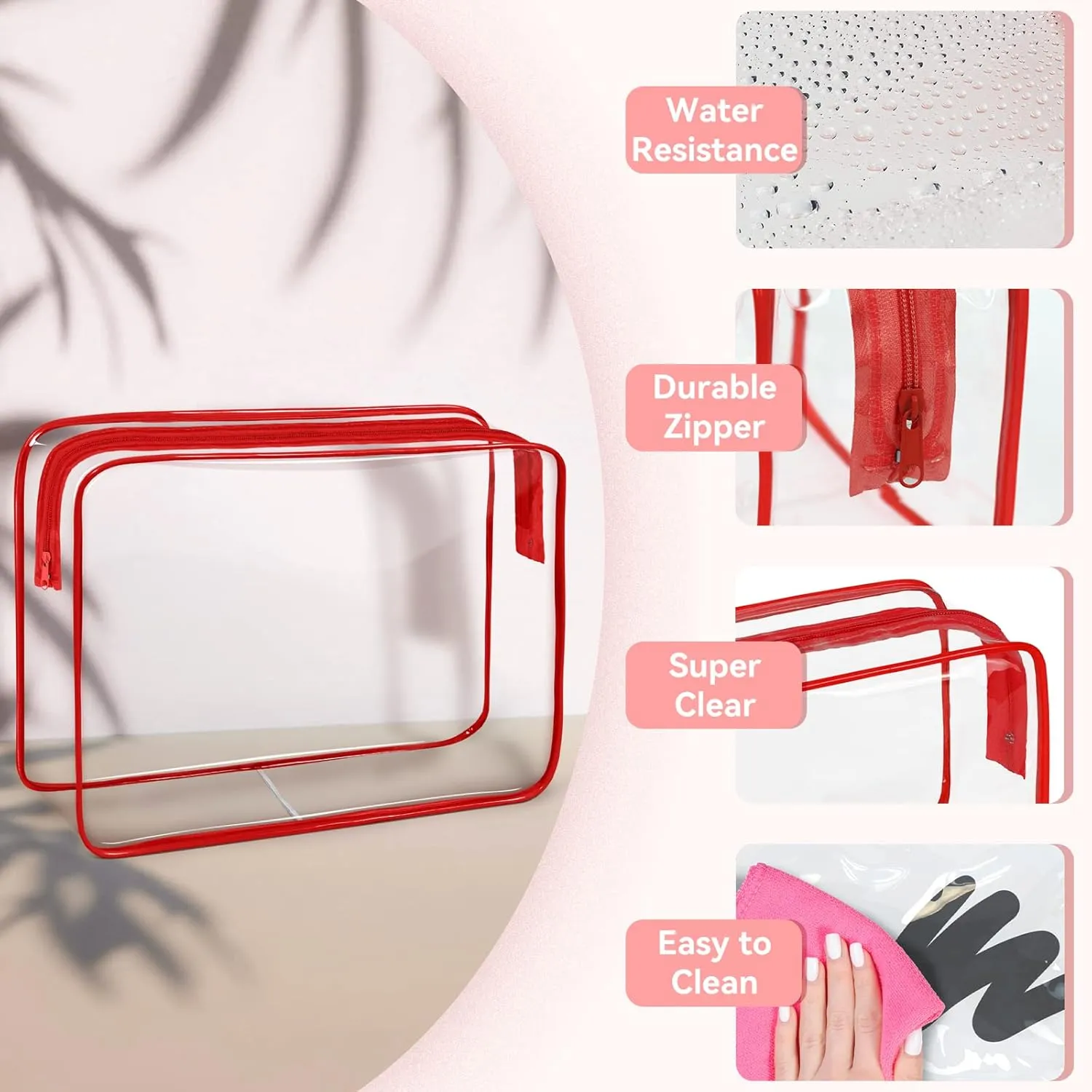 TISRATOK 12 PCS Clear Makeup Bag for Women with Zipper, TSA Approved Toiletry Pouch, Cosmetic Bag Bulk for Travel Organizer Essentials - Red, Large