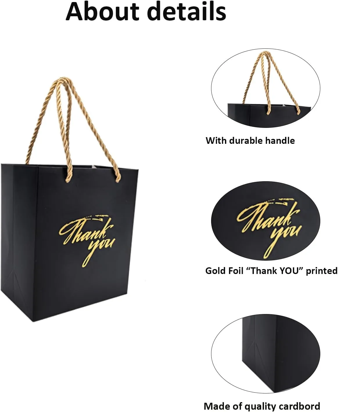 TKSBAG 50 PCS Small Thank You Bags,5.9 * 5.1 * 3.1 Inch Mini Black Gold Gift Bags with Handles for Baby Shower, Bridal Shower, Wedding, Party Favors