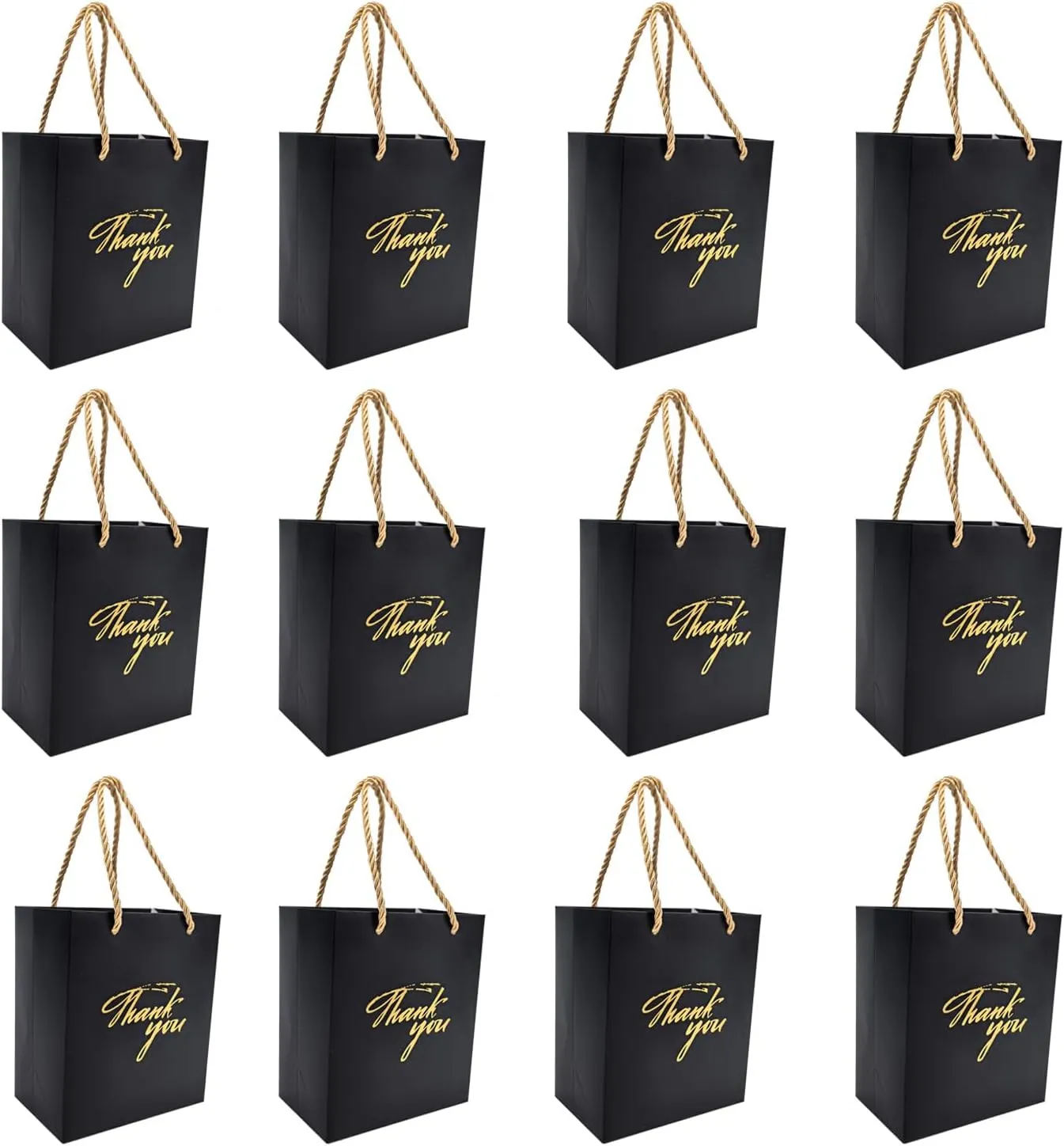 TKSBAG 50 PCS Small Thank You Bags,5.9 * 5.1 * 3.1 Inch Mini Black Gold Gift Bags with Handles for Baby Shower, Bridal Shower, Wedding, Party Favors