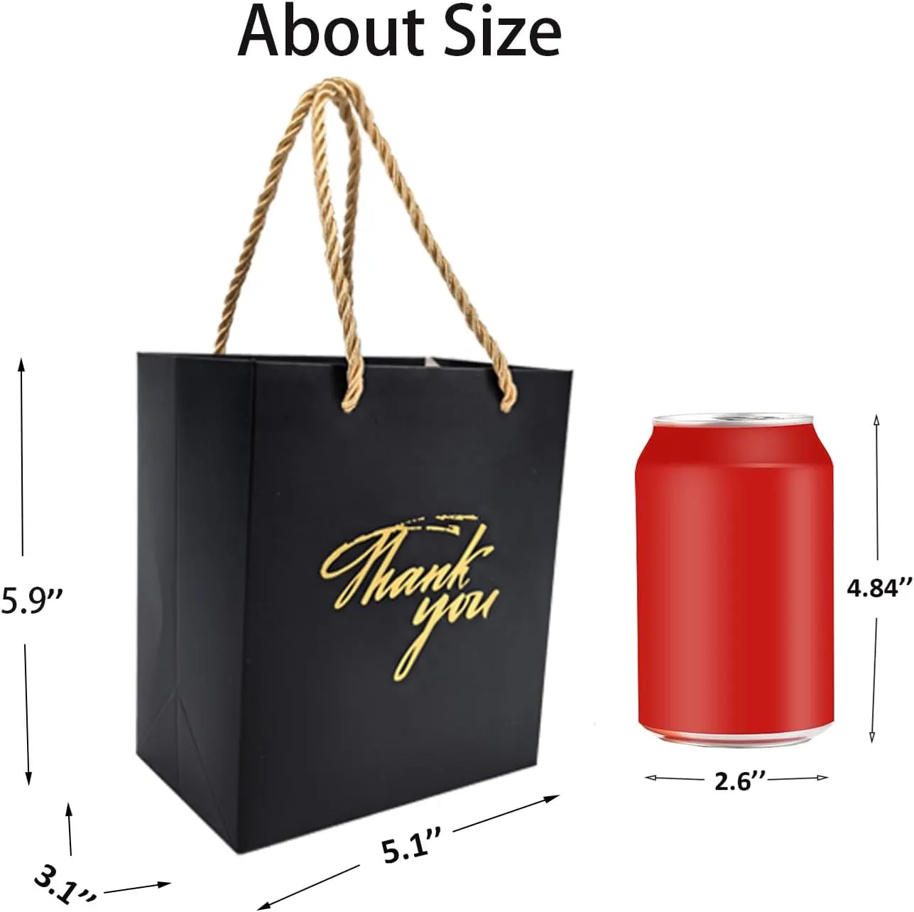 TKSBAG 50 PCS Small Thank You Bags,5.9 * 5.1 * 3.1 Inch Mini Black Gold Gift Bags with Handles for Baby Shower, Bridal Shower, Wedding, Party Favors