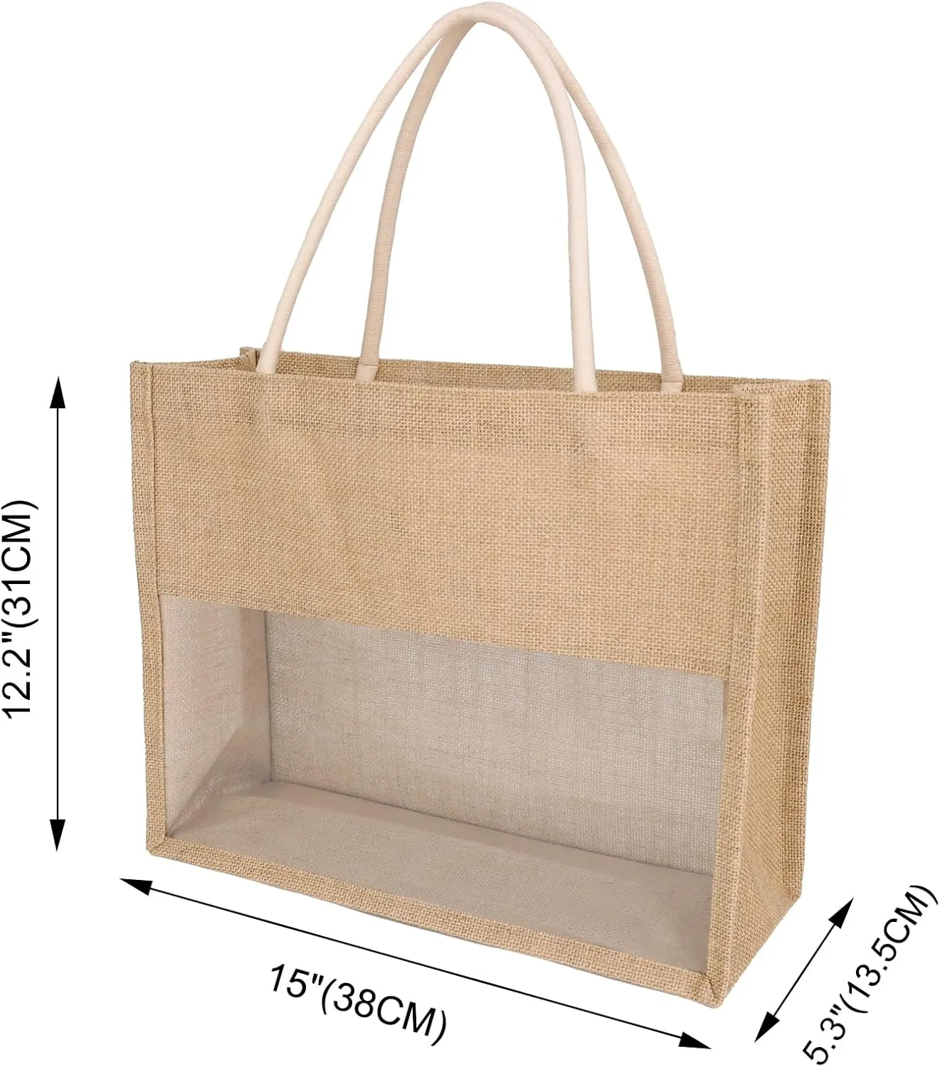TopTie 6 PCS Burlap Tote with Transparent PVC Film Window, Jute Beach Tote Reusable Grocery Bags