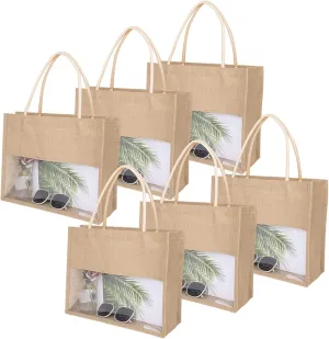 TopTie 6 PCS Burlap Tote with Transparent PVC Film Window, Jute Beach Tote Reusable Grocery Bags