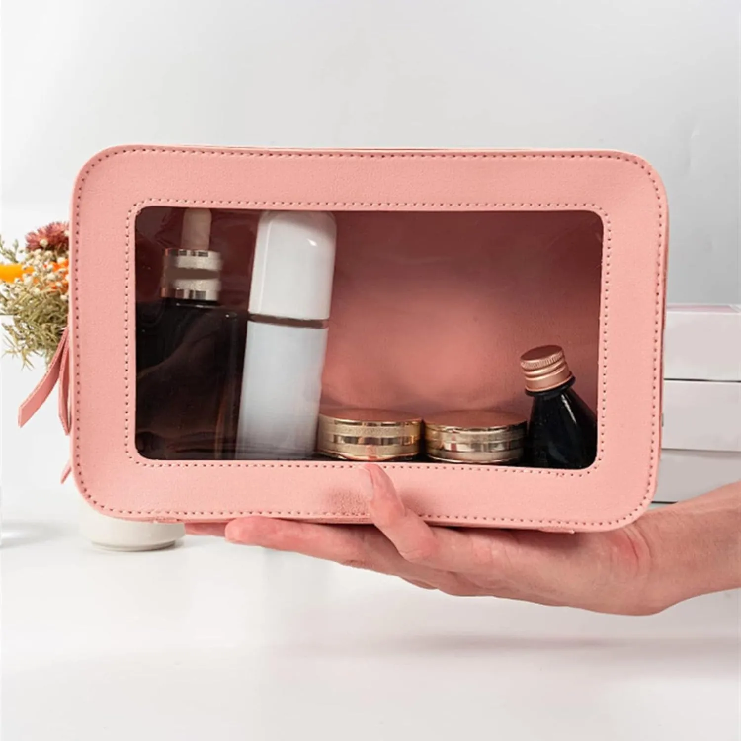 Transparent Cosmetic Bag,Transparent Makeup Bag - Cosmetic Bags with Zipper Car Organizer,Portable Makeup Organizer,Waterproof Travel Bag,Organiz, Pink, Consulte la descripción, See description