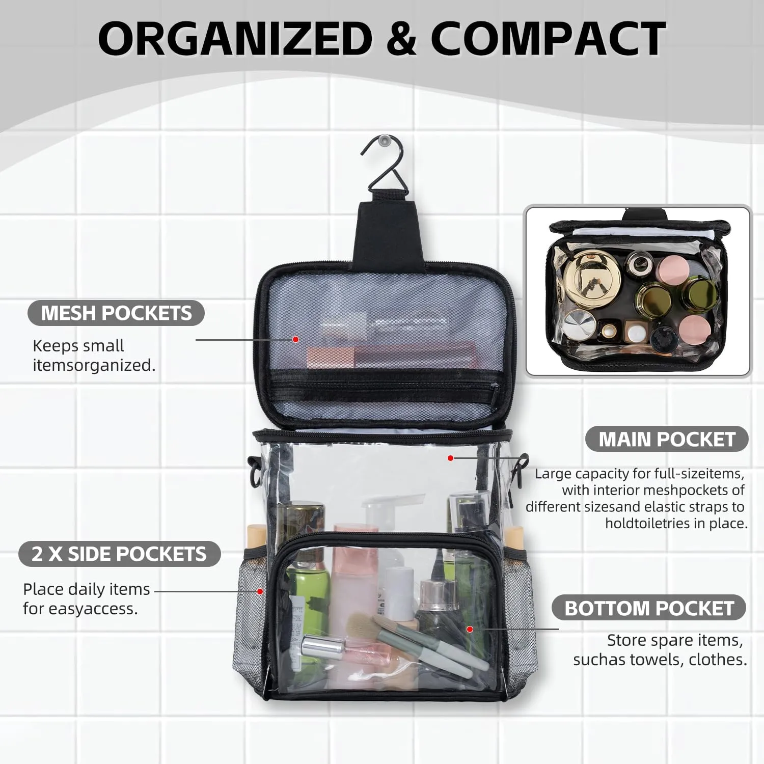 Transparent Portable Mesh Shower Organizer – Hanging Toiletry Bag with Handles & Strap, Quick-Dry for Bathroom, Gym, Travel, Camping & College Dorms