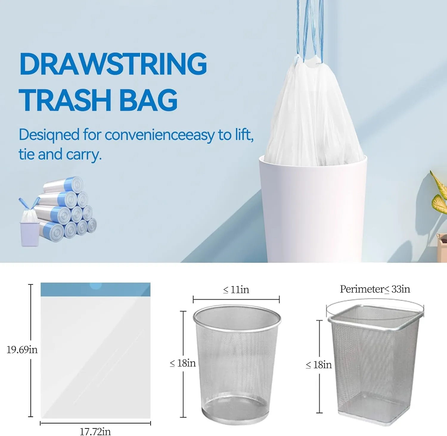 Trash Bags 4 Gallon, 250 Count Bathroom Transparent Garbage Bags, Kitchen, Bedroom, Office Waste Basket Liners With Drawstring Quickly Pack Garbage