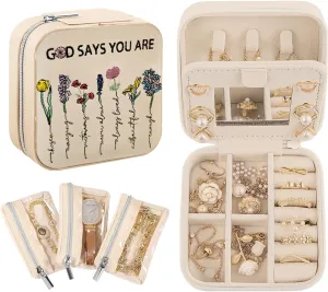 Travel Jewelry Box,Embroidered Jewelry Boxs,Christian Gifts for Women,Travel Storage Box,Birthday Mother's Day Gift,Bible Stuff(God Says You Are...