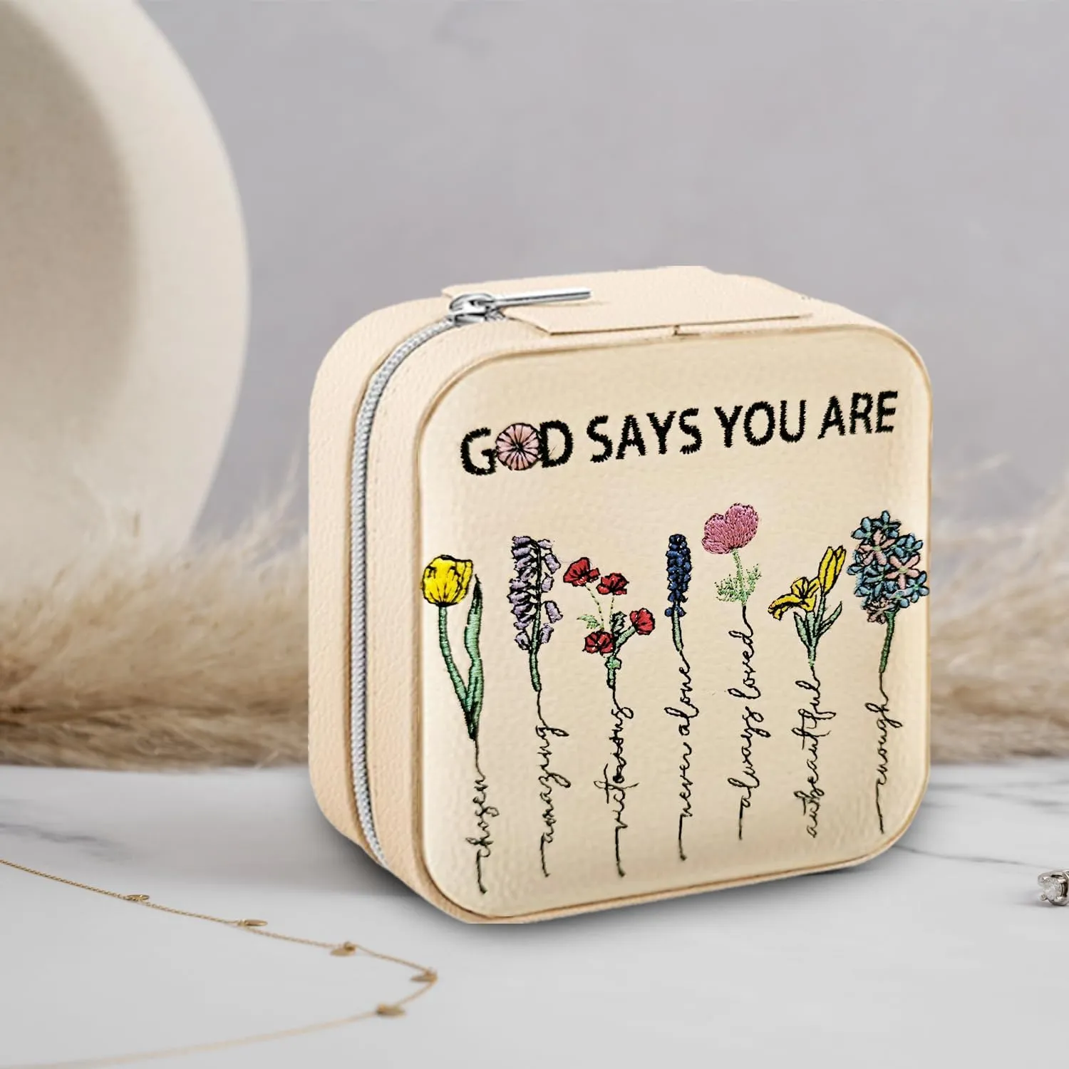Travel Jewelry Box,Embroidered Jewelry Boxs,Christian Gifts for Women,Travel Storage Box,Birthday Mother's Day Gift,Bible Stuff(God Says You Are...