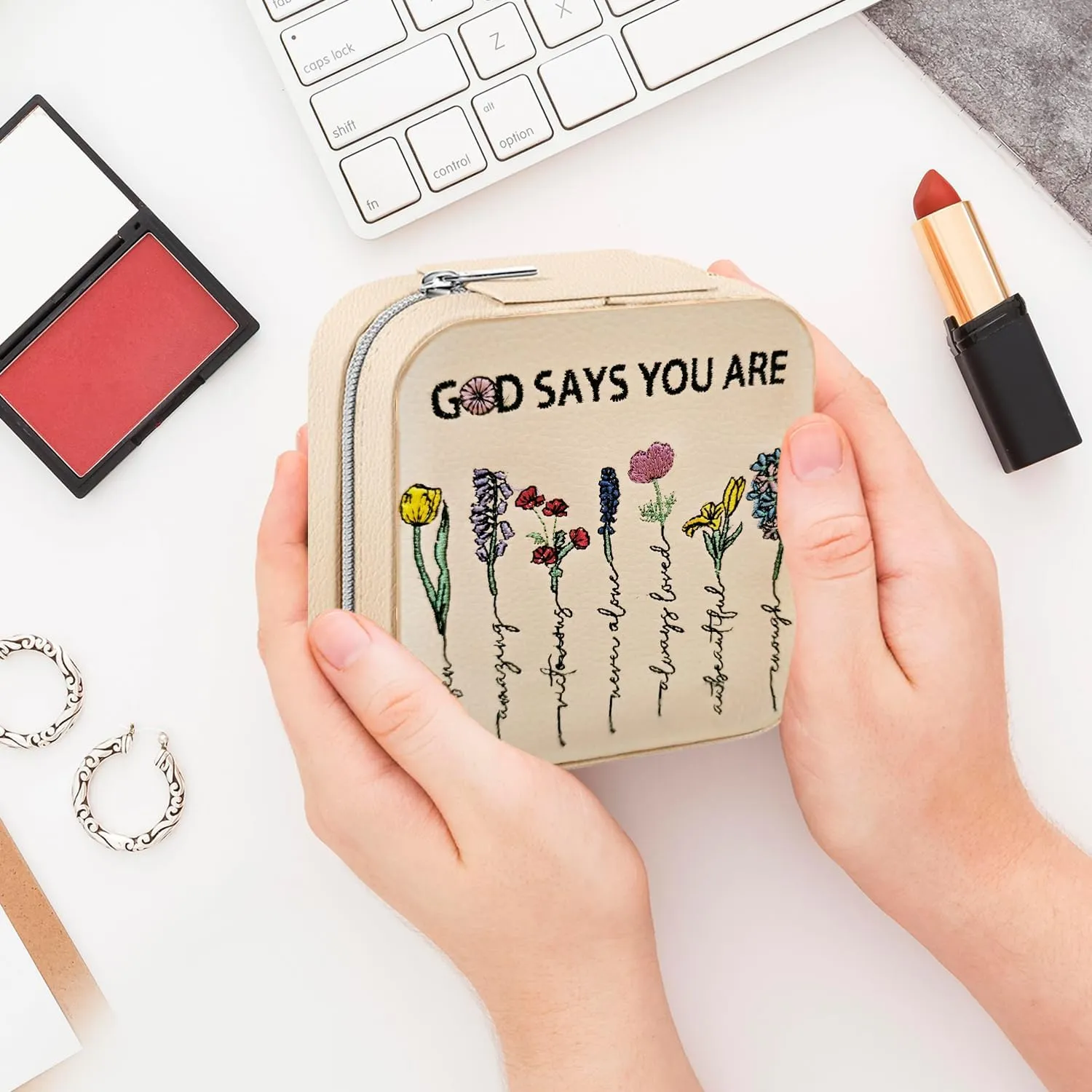 Travel Jewelry Box,Embroidered Jewelry Boxs,Christian Gifts for Women,Travel Storage Box,Birthday Mother's Day Gift,Bible Stuff(God Says You Are...