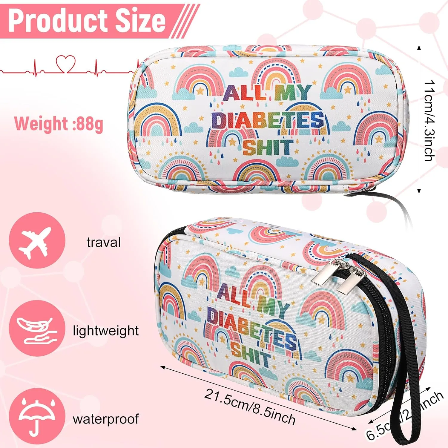 TrelaCo Insulin Cooler Travel Case Diabetic Travel Case Portable Diabetic Supplies Bag for Insulin Pen Waterproof Storage Bag for Travelling Diabetes Care Medication Diabetic Supplies(Rainbow)