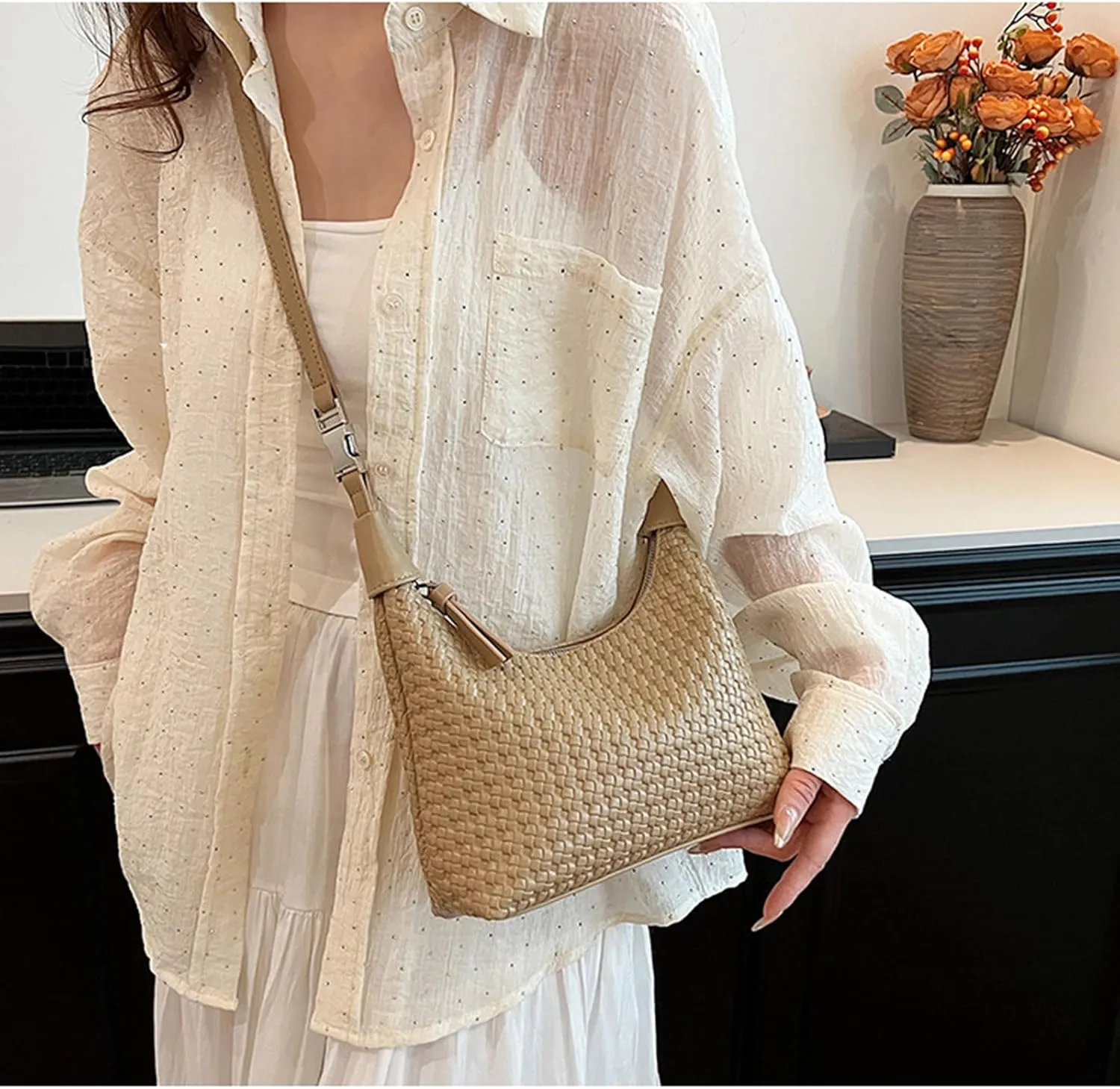 Trendy Shoulder Purses for Women PU Leather Woven Bag Hobo Tote Handbags Cute Crossbody Bags with Zipper Closure