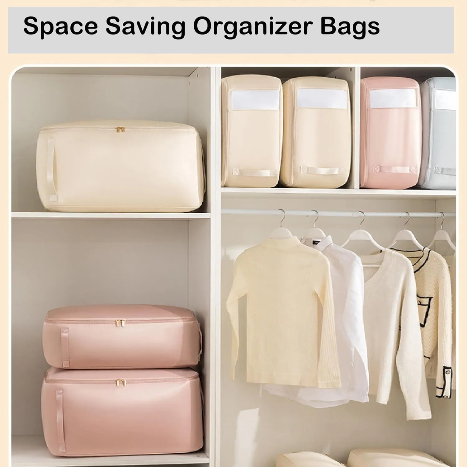 Ultra Space Saving Self Compression Organizer, 2 Pack Compression Storage Bags with Transparent Window,Space Saver Bags for Storing Clothes, Comforters, Blankets, Pillows(Pink,54x42x50cm)