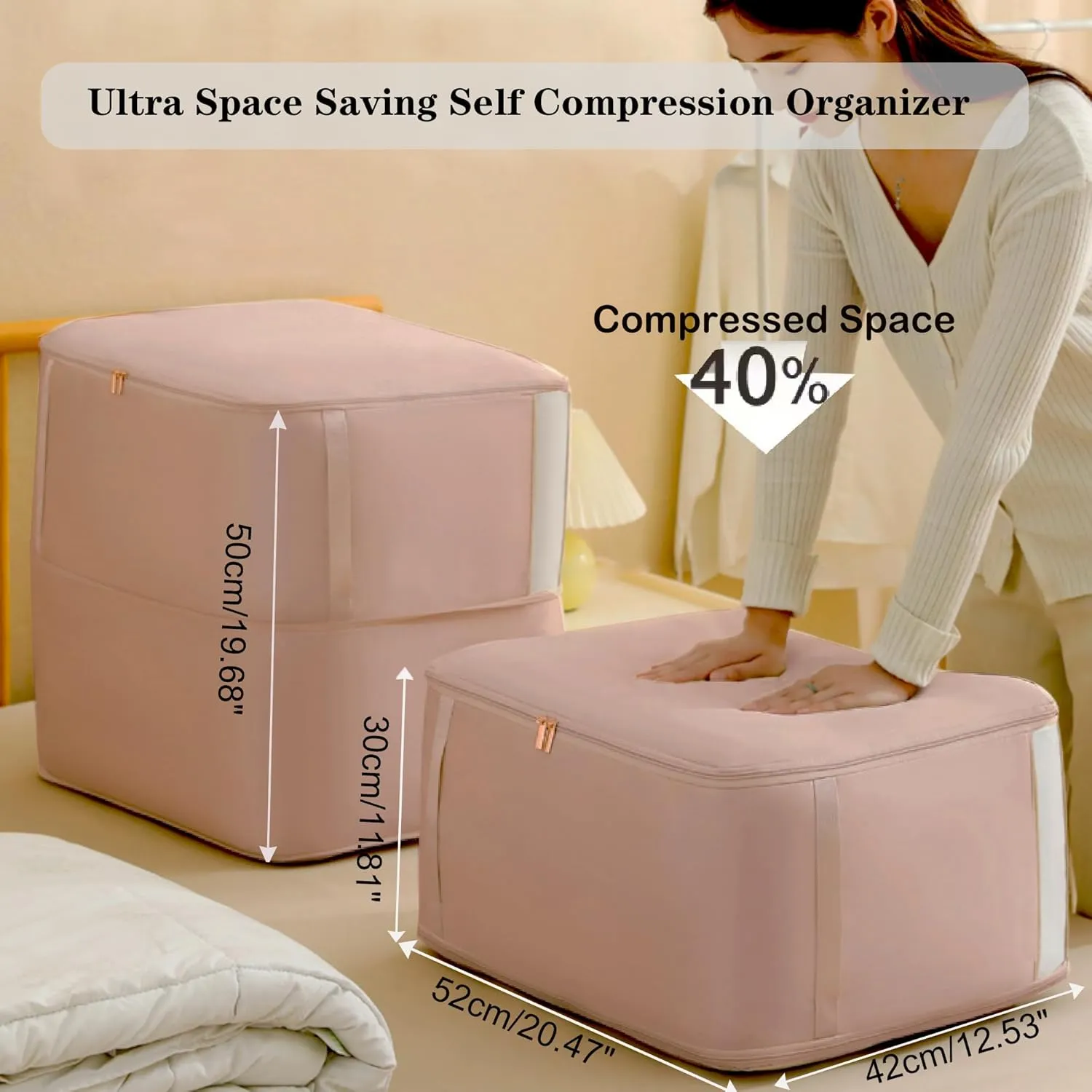 Ultra Space Saving Self Compression Organizer, 2 Pack Compression Storage Bags with Transparent Window,Space Saver Bags for Storing Clothes, Comforters, Blankets, Pillows(Pink,54x42x50cm)
