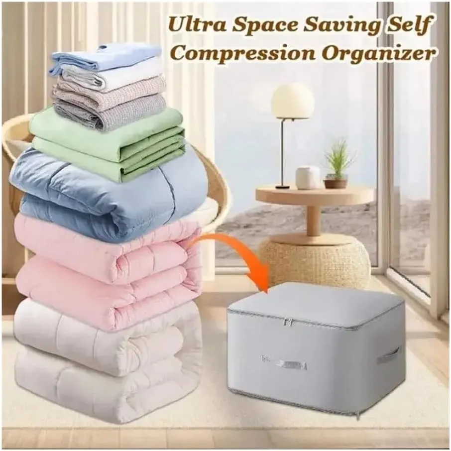 Ultra Space Saving Self Compression Organizer Compression Duvet Storage Bag Large Capacity Closet Cabinet Organizer StoragePouch(Small beige,1PCS)