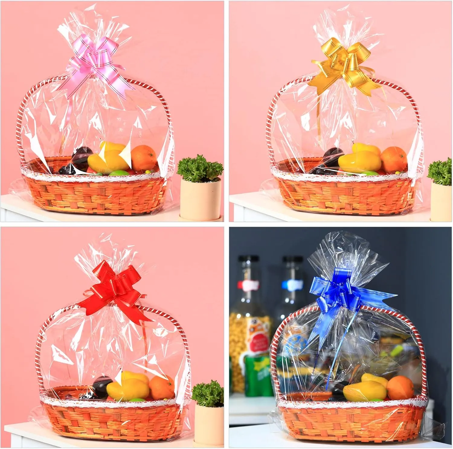 UltraOutlet 100-pack Large Cellophane Wrap 24 x 30 Inches Clear Cellophane Basket Gift Bags 2.3 Mil Clear Cello Bags for Fruit Basket, Gift Wrap, Treats, Arts and Crafts, 100ct Ribbon Bows Blue