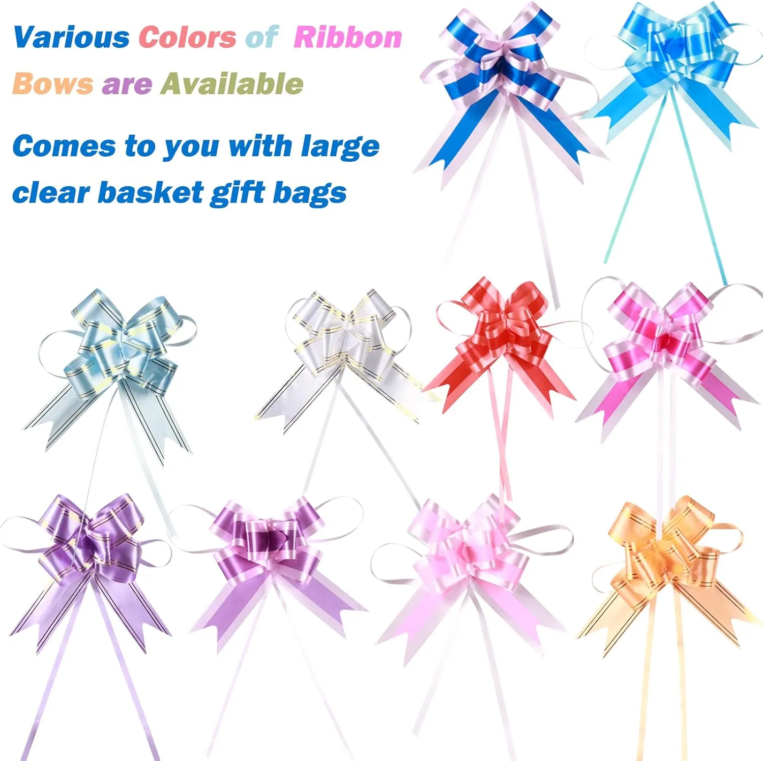 UltraOutlet 100-pack Large Cellophane Wrap 24 x 30 Inches Clear Cellophane Basket Gift Bags 2.3 Mil Clear Cello Bags for Fruit Basket, Gift Wrap, Treats, Arts and Crafts, 100ct Ribbon Bows Blue