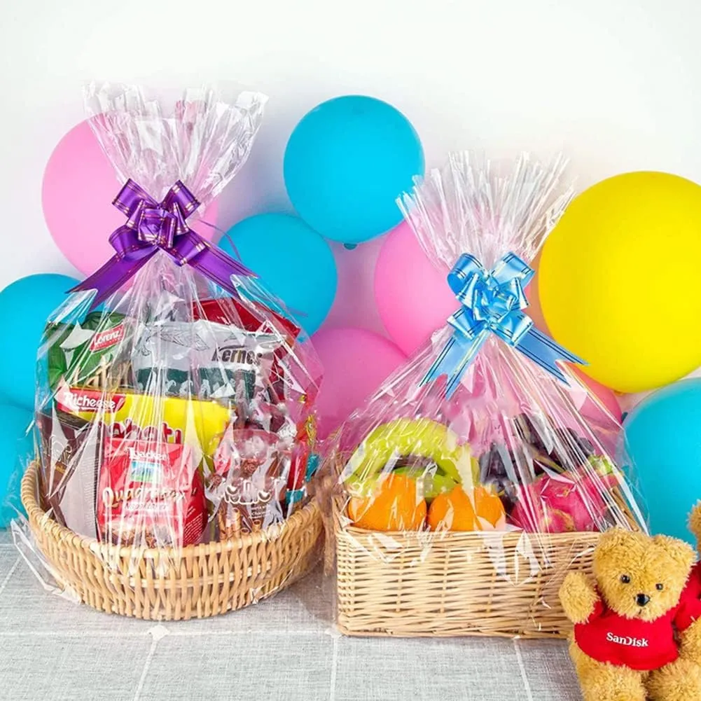 UltraOutlet 100-pack Large Cellophane Wrap 24 x 30 Inches Clear Cellophane Basket Gift Bags 2.3 Mil Clear Cello Bags for Fruit Basket, Gift Wrap, Treats, Arts and Crafts, 100ct Ribbon Bows Blue