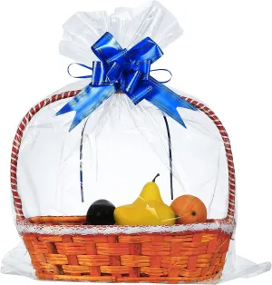 UltraOutlet 100-pack Large Cellophane Wrap 24 x 30 Inches Clear Cellophane Basket Gift Bags 2.3 Mil Clear Cello Bags for Fruit Basket, Gift Wrap, Treats, Arts and Crafts, 100ct Ribbon Bows Blue