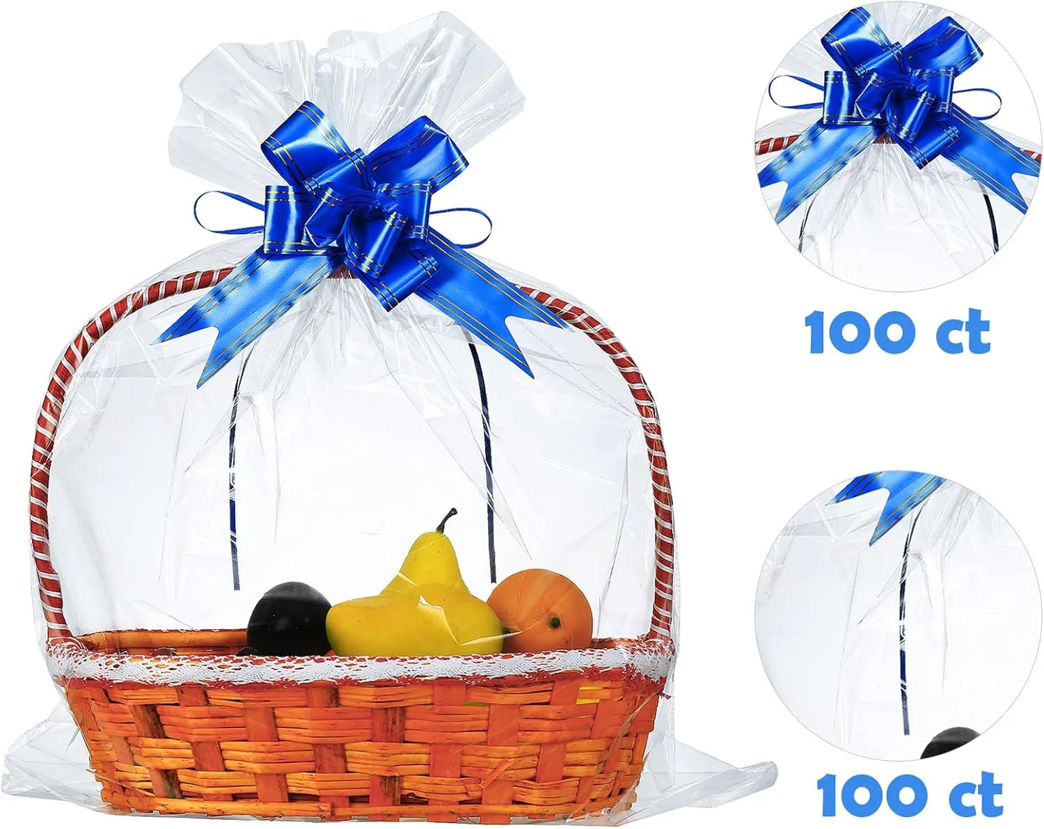 UltraOutlet 100-pack Large Cellophane Wrap 24 x 30 Inches Clear Cellophane Basket Gift Bags 2.3 Mil Clear Cello Bags for Fruit Basket, Gift Wrap, Treats, Arts and Crafts, 100ct Ribbon Bows Blue