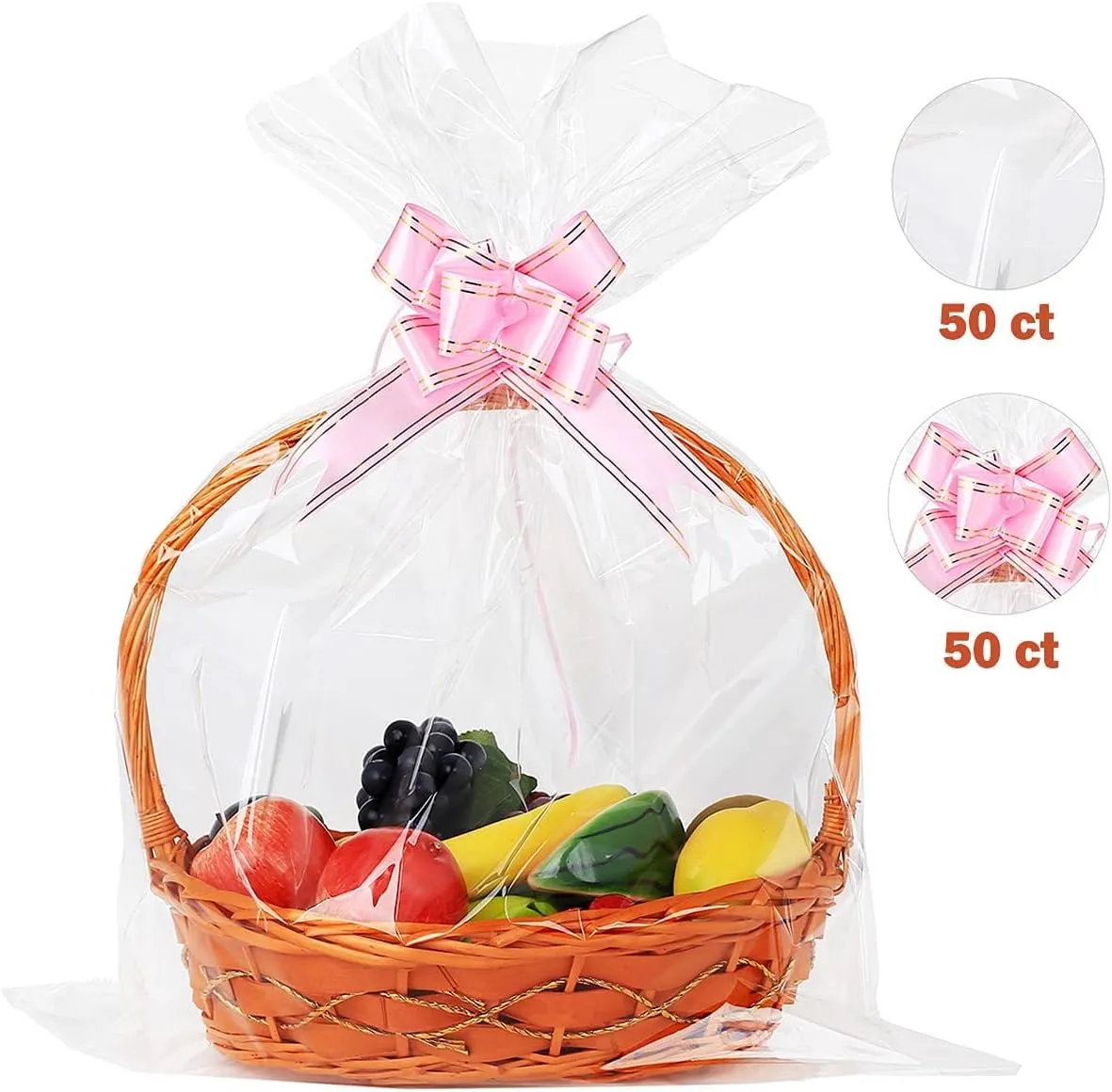 UltraOutlet 50 Packs Large Cellophane Bags 18" x 24" Clear Cellophane Gift Basket Wraps 2.3 Mil Thick Clear Cello Bags for Fruit Basket, Gift Wrap, Treats, Arts and Crafts, 50ct Ribbon Bows