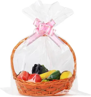 UltraOutlet 50 Packs Large Cellophane Bags 18" x 24" Clear Cellophane Gift Basket Wraps 2.3 Mil Thick Clear Cello Bags for Fruit Basket, Gift Wrap, Treats, Arts and Crafts, 50ct Ribbon Bows