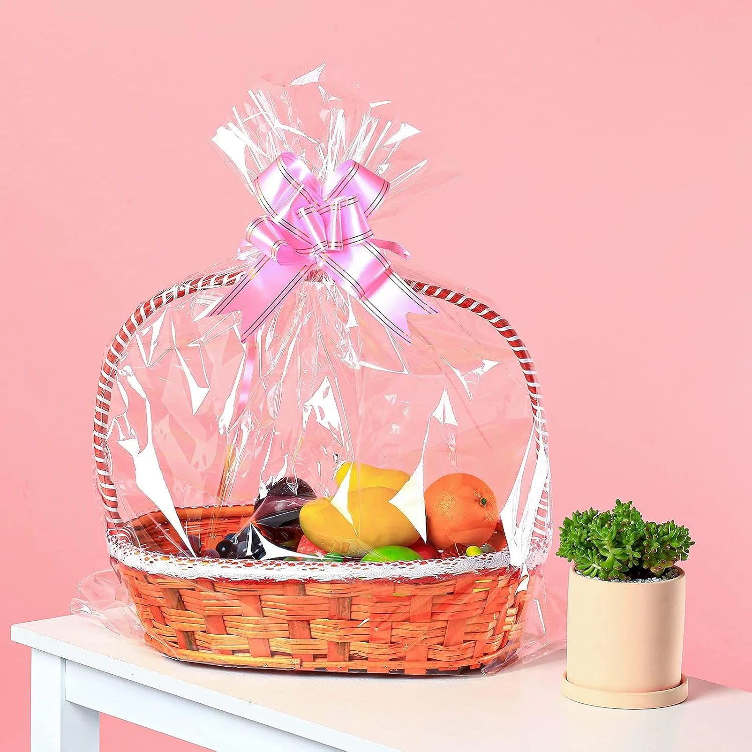 UltraOutlet 50 Packs Large Cellophane Bags 18" x 24" Clear Cellophane Gift Basket Wraps 2.3 Mil Thick Clear Cello Bags for Fruit Basket, Gift Wrap, Treats, Arts and Crafts, 50ct Ribbon Bows