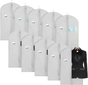 Univivi 10 Pack Suit Bags Garment Bag for Men Storage 40 inch Clothes Cover with Clear Window and ID Card Holder for Suit Jacket,Skirt, Shirt and Coat - Grey