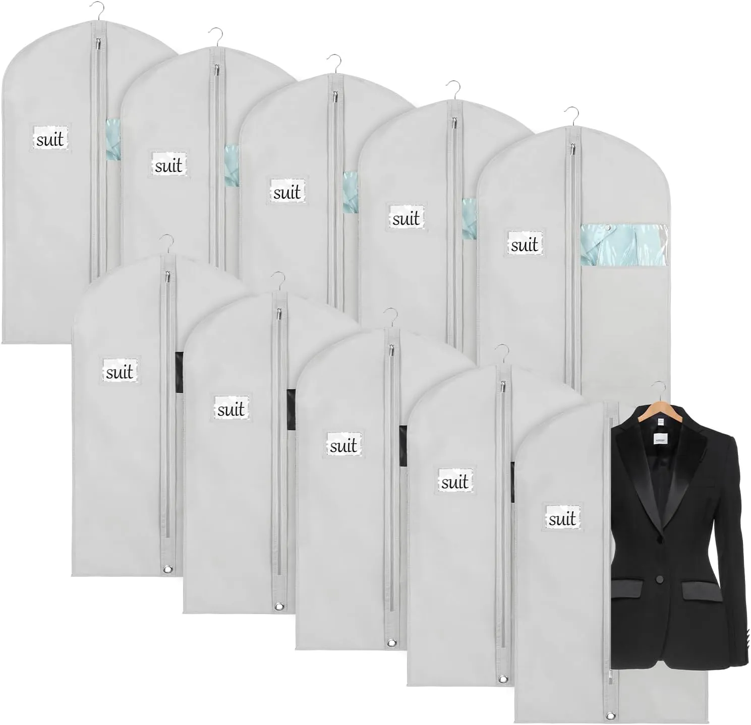 Univivi 10 Pack Suit Bags Garment Bag for Men Storage 40 inch Clothes Cover with Clear Window and ID Card Holder for Suit Jacket,Skirt, Shirt and Coat - Grey