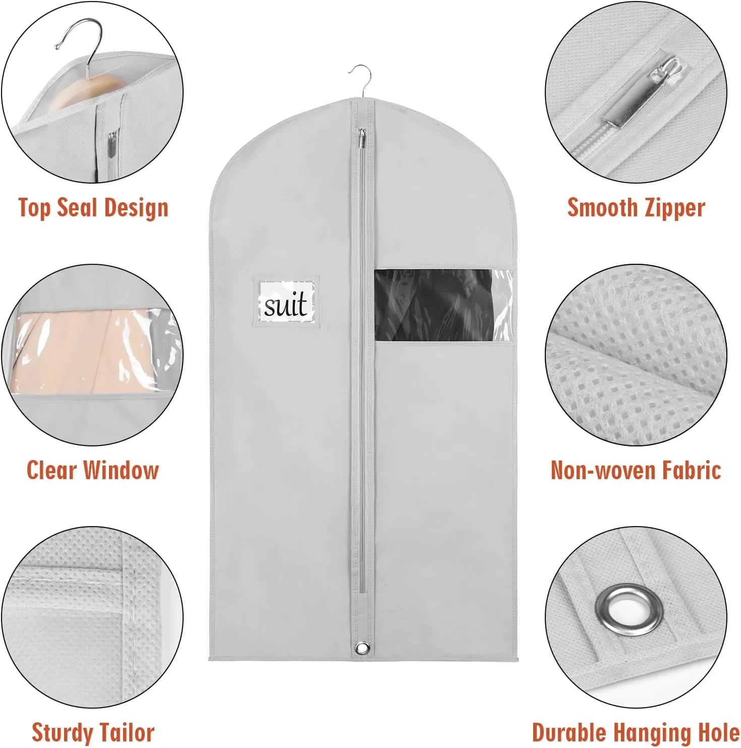Univivi 10 Pack Suit Bags Garment Bag for Men Storage 40 inch Clothes Cover with Clear Window and ID Card Holder for Suit Jacket,Skirt, Shirt and Coat - Grey