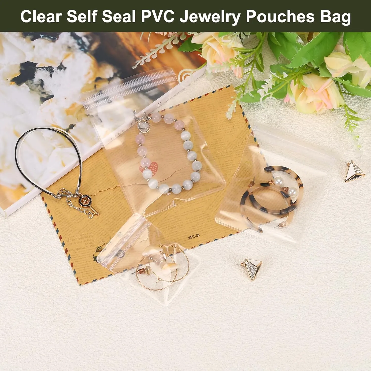 uxcell 100pcs PVC Jewelry Bags 2.8 x 3.9 Inch Self Seal Jewelry Pouches Clear Zipper Bags for Necklace Ring Earring Jewelry Packaging, Transparent