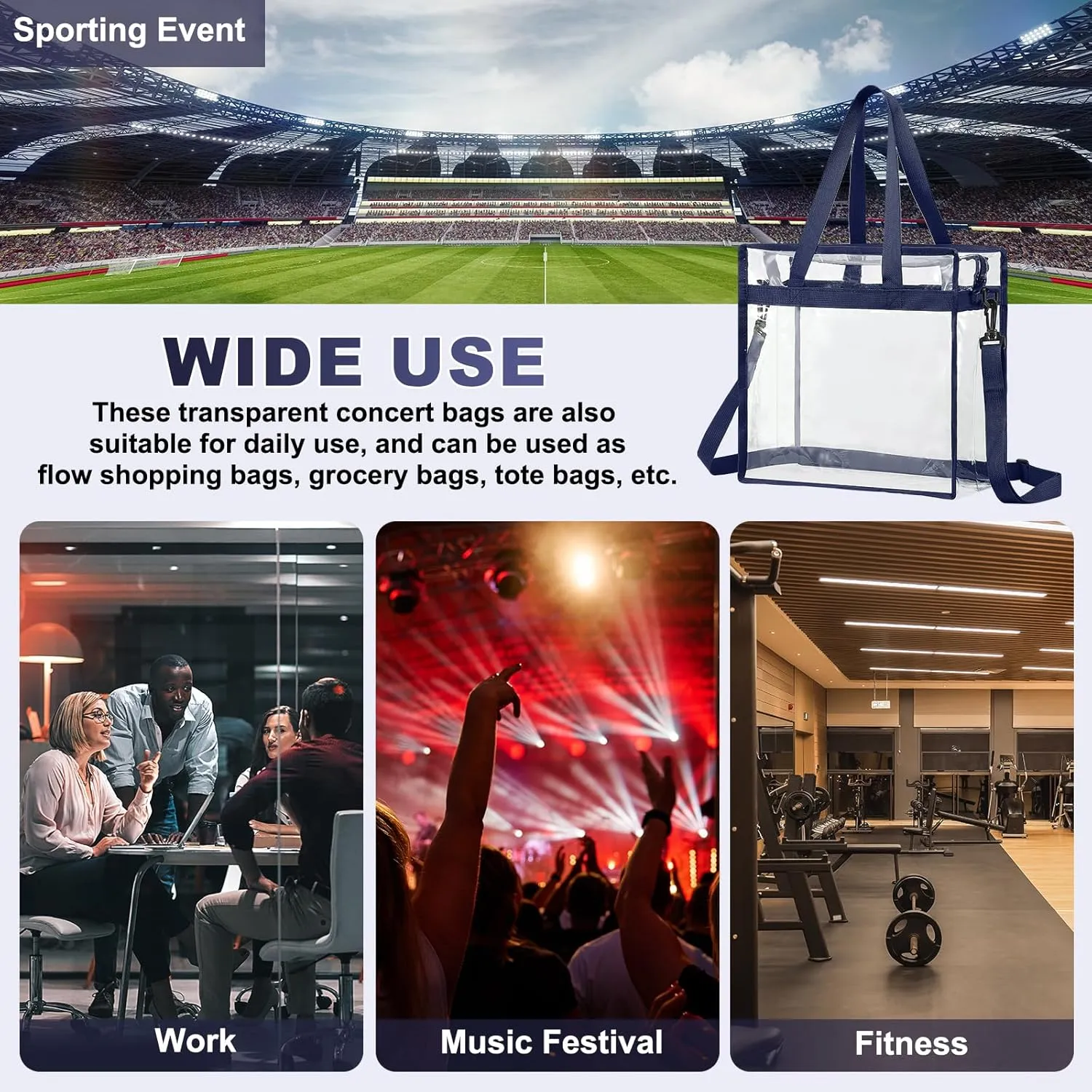 uxcell Clear Tote Bag, PVC Waterproof Closure Crossbody Shoulder Bag with Zipper and Adjustable Strap for Stadium Events