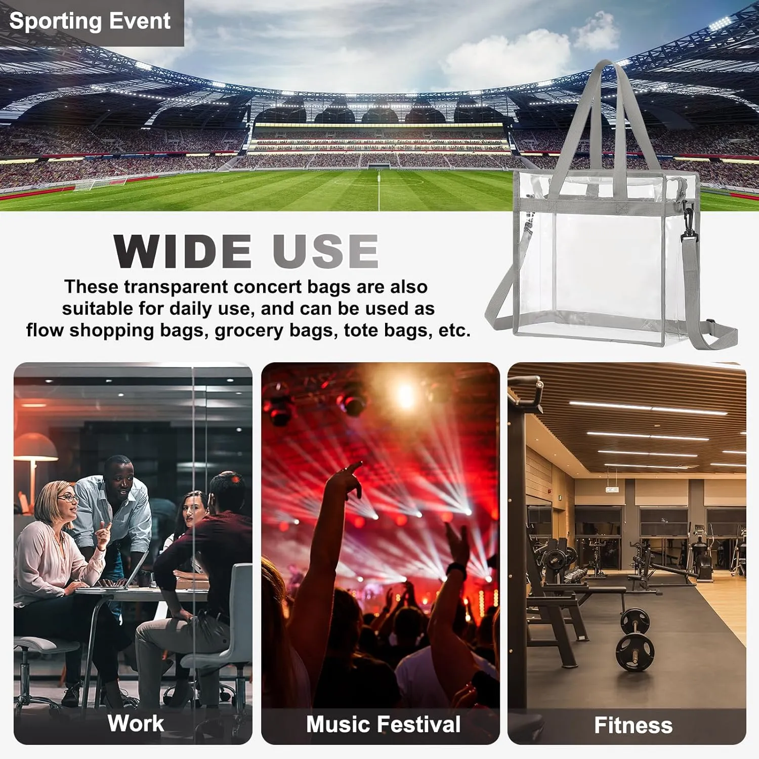 uxcell Clear Tote Bag, PVC Waterproof Closure Crossbody Shoulder Bag with Zipper and Adjustable Strap for Stadium Events