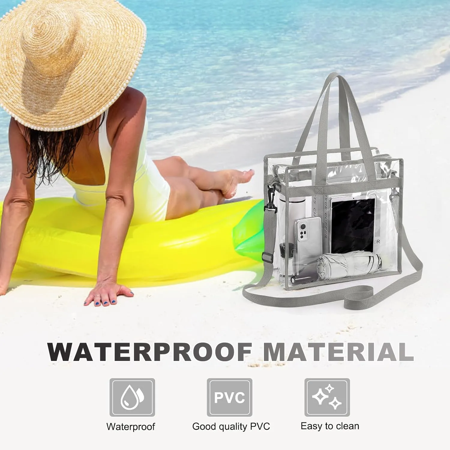 uxcell Clear Tote Bag, PVC Waterproof Closure Crossbody Shoulder Bag with Zipper and Adjustable Strap for Stadium Events