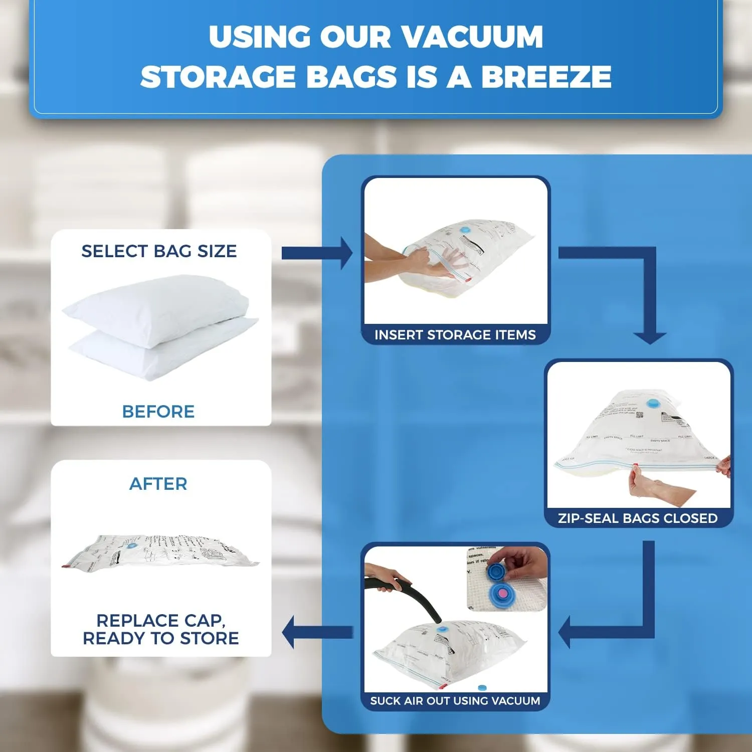 Vacuum Storage Bags for Clothes, Quilts, Pillows, Space Saver Size - Extra Strong Vacuum Seal Bags - 6x Pack Jumbo (43x30in)