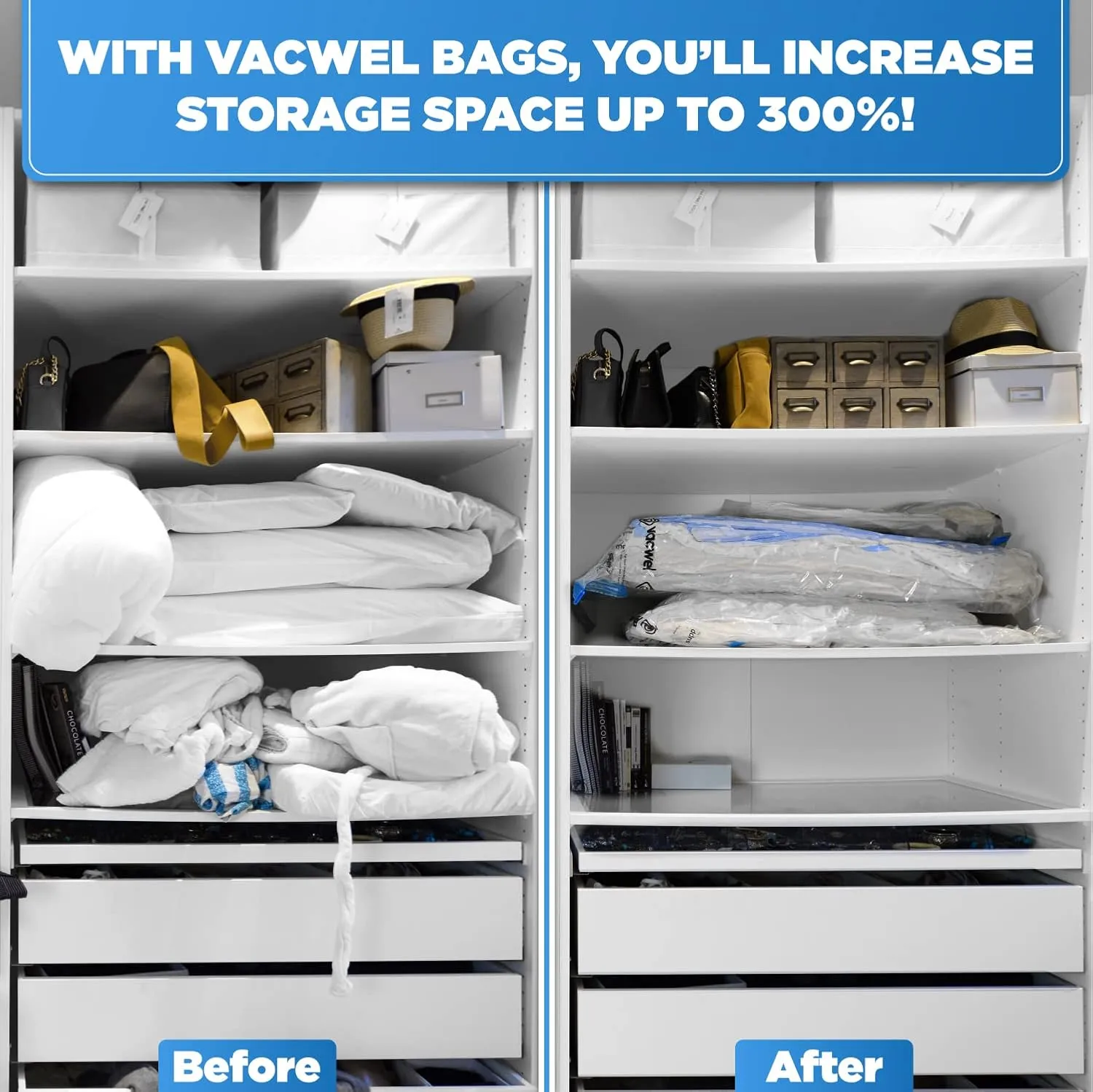 Vacuum Storage Bags for Clothes, Quilts, Pillows, Space Saver Size - Extra Strong Vacuum Seal Bags - 6x Pack Jumbo (43x30in)