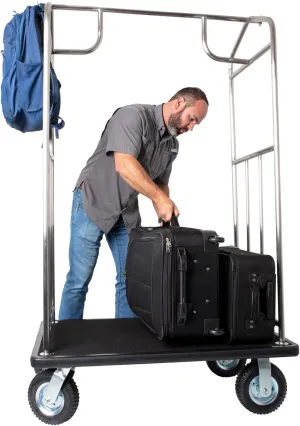 Value Valet Hotel Luggage Cart – for Commercial Use, Condos, Resorts – Stainless Steel Bellman Trolley Cart w/ 6” Air Filled Tires & Black Carpet, 800 lb Load Capacity